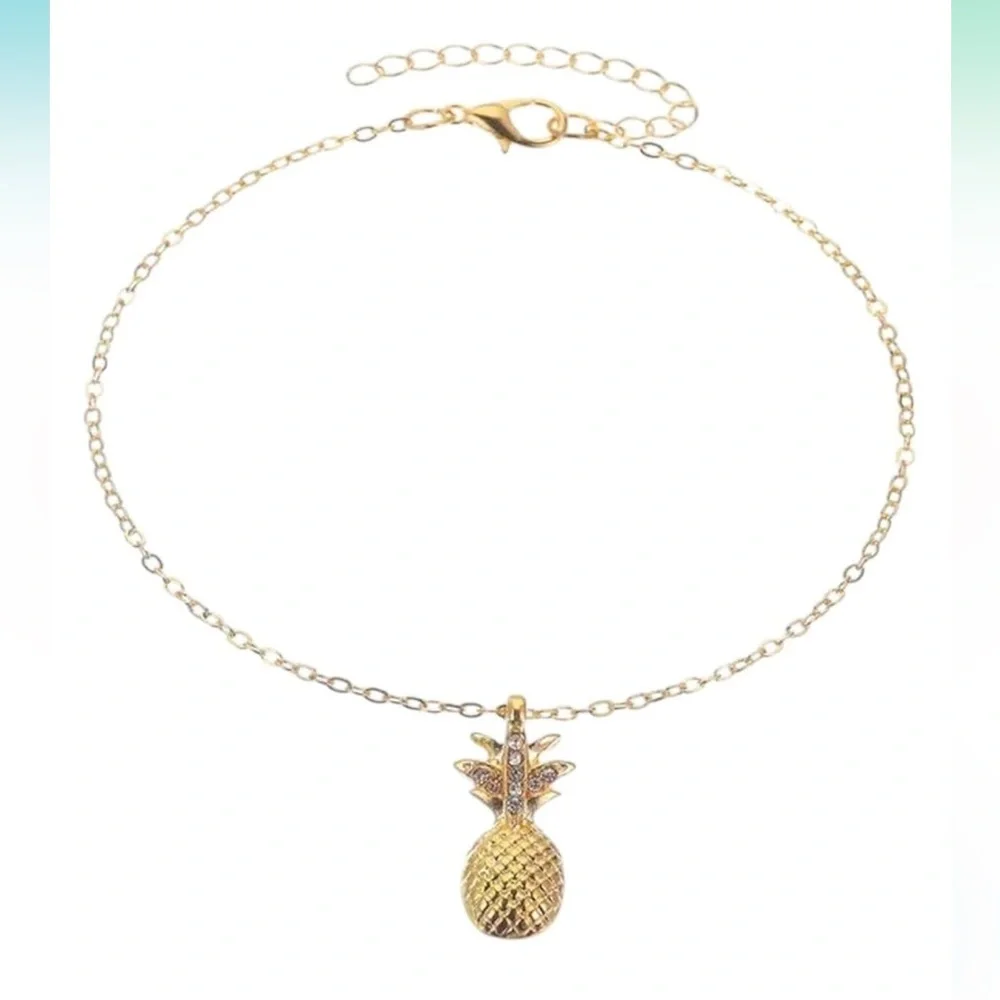 Gold Tone Pineapple Anklet Bracelet – Adjustable Tropical Jewelry